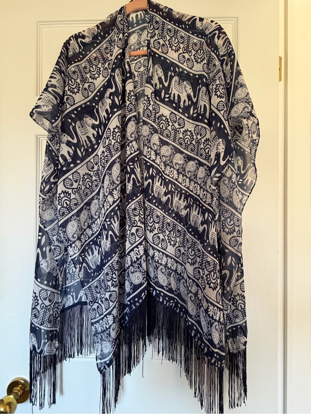 Black & White Elephant Print Fringe Kimono Swim Coverup